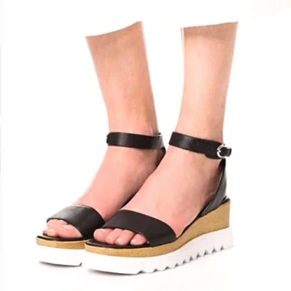 Sol Sana Black Leather Platform Wedge Ankle Strap Sandals - Size 7.5 EUR 38 - Picture 2 of 9